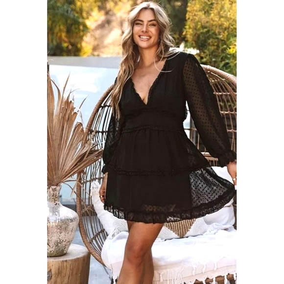 LAST ONE! Black Ruffled Open Back Swiss Dot Mini Dress - Picture 2 of 5